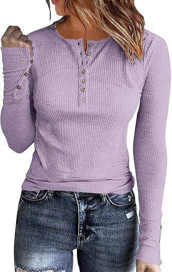 Womens Long Sleeves Ribbed Knit Tunic Shirts Scoop Neck Button Down Tops Casual Henley Tee Shirt Slim
