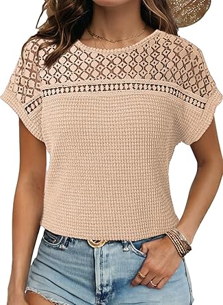 Women's Tops Casual Scoop Neck Short Sleeve Waffle Knit Hollow Out