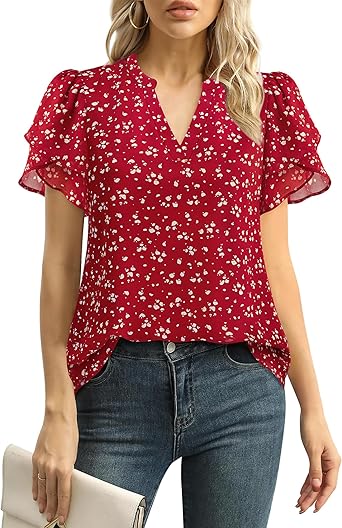 Womens Dressy Chiffon Blouses Summer Puff Petal Short Sleeve Shirts V